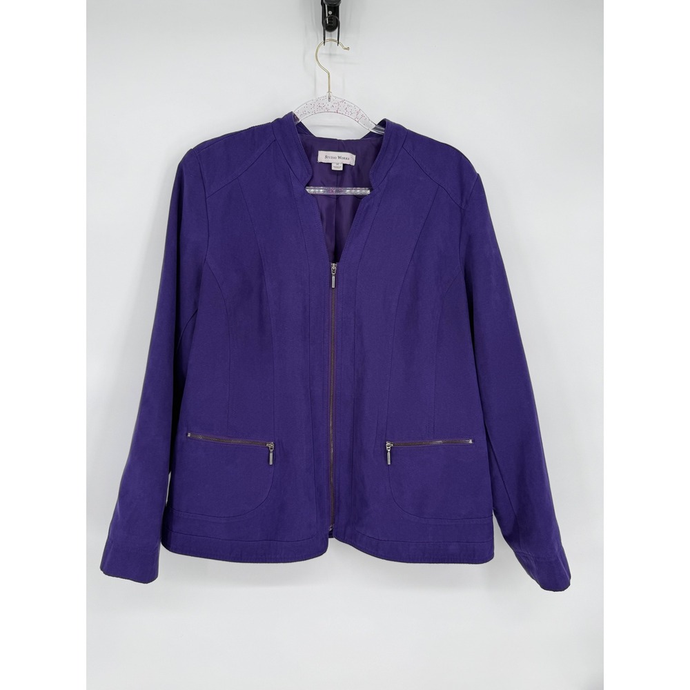 Studio Works Purple Zipper Front Jacket Size 14 Collarless Pockets